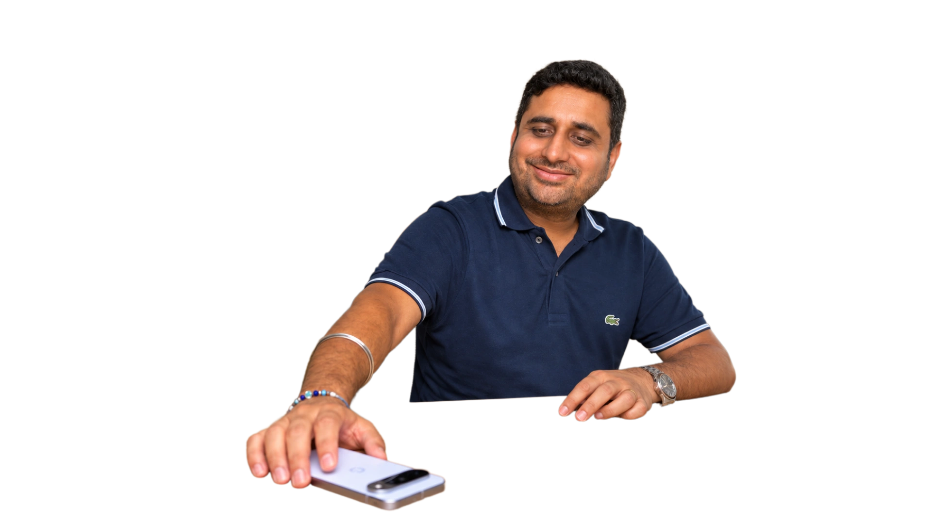 A smiling customer reaching for his phone