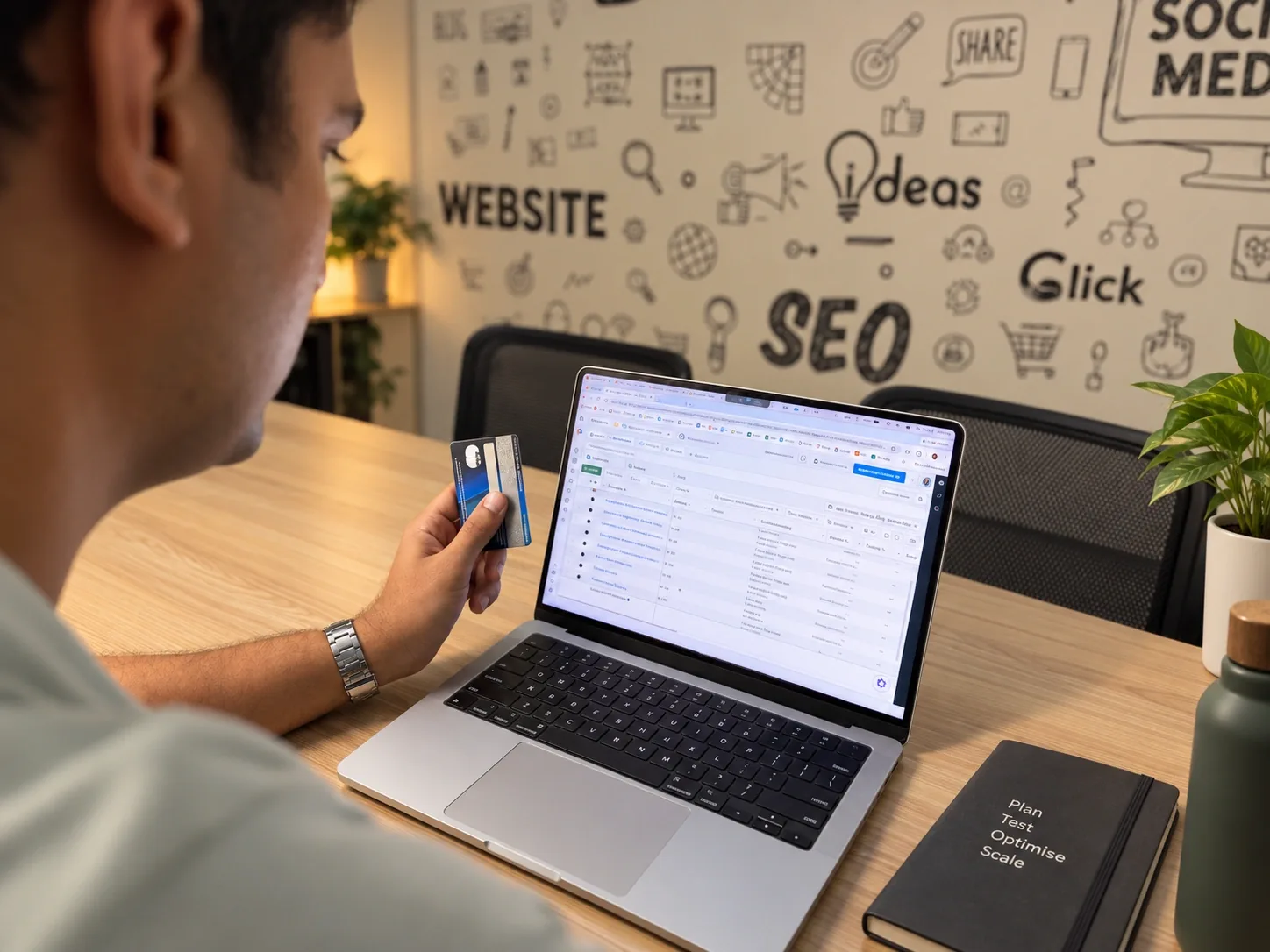 Marketer with laptop and card in front of an SEO wall