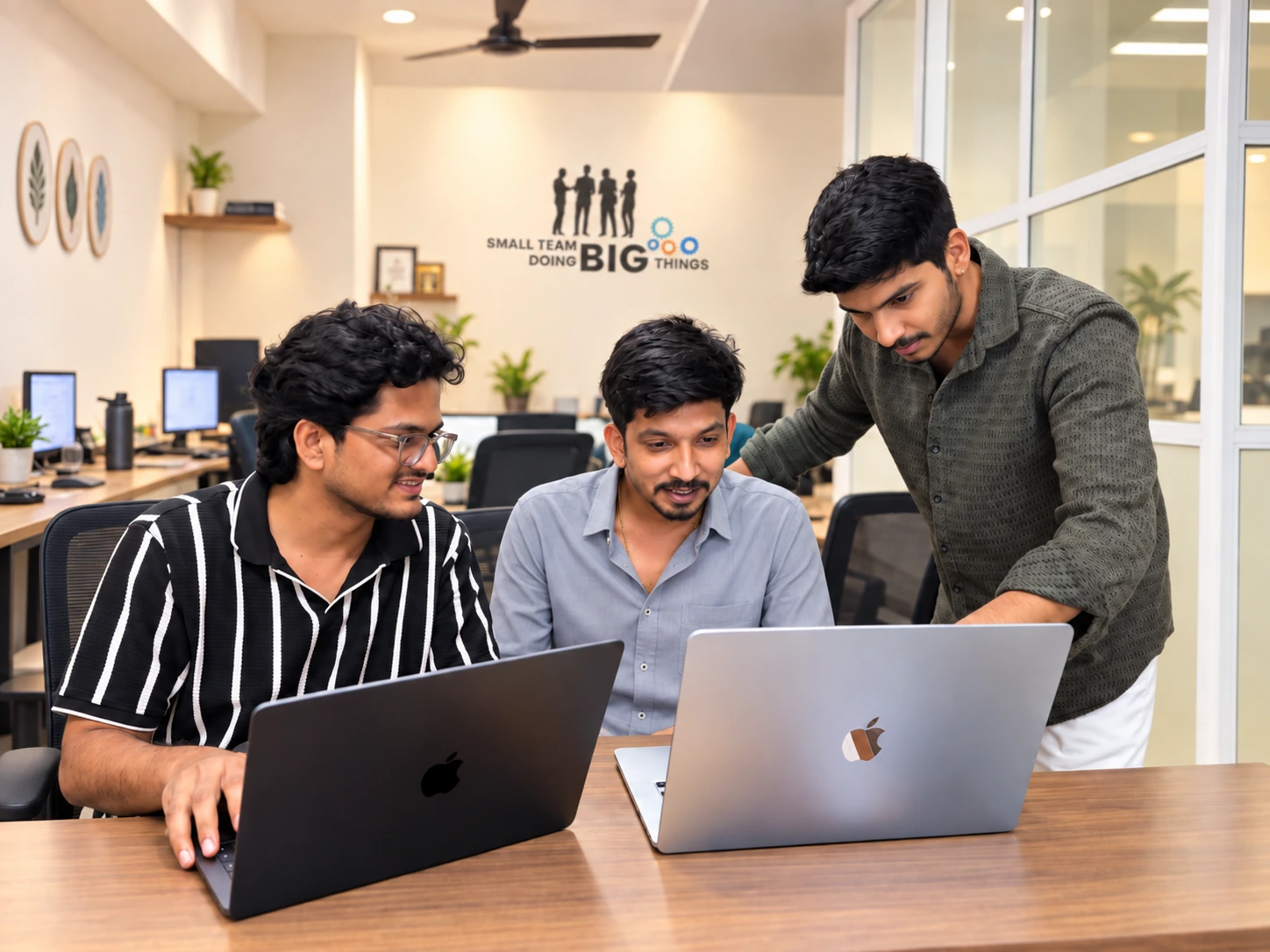 Three team members collaborating on laptops in the office